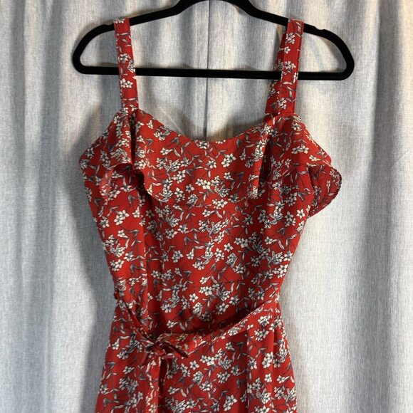 Banana Republic Red Floral Print Strappy Flounce Belted Midi Sundress SZ‎ 10-12 - Picture 2 of 14